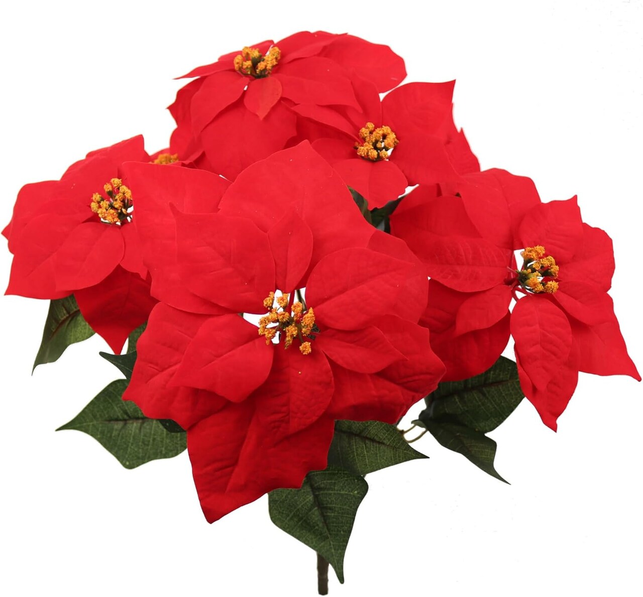 4PC Artificial Velvet Poinsettia Bush, 20-Inch, Indoor Use, 7 Realistic Silk Blooms & Green Foliage
